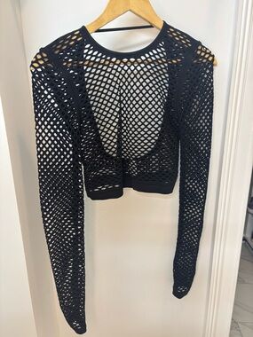 ALO Yoga Black Open-Knit Long Sleeve Crop Top